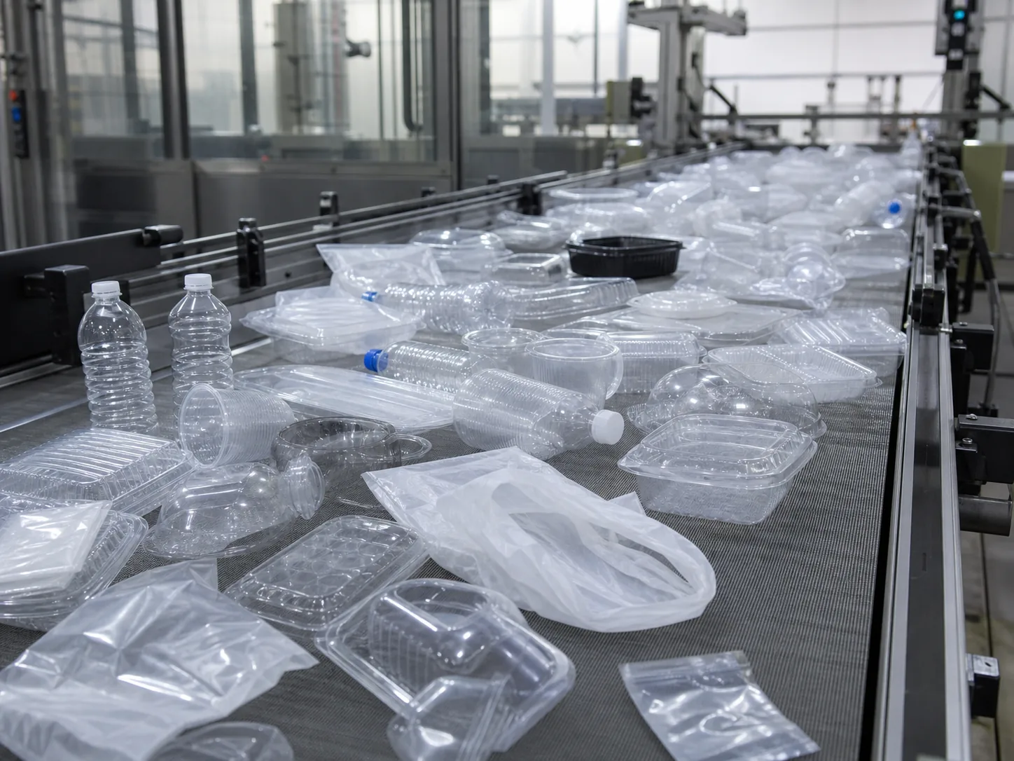 Plastic bottles, bags, cups and food containers filling a factory conveyor