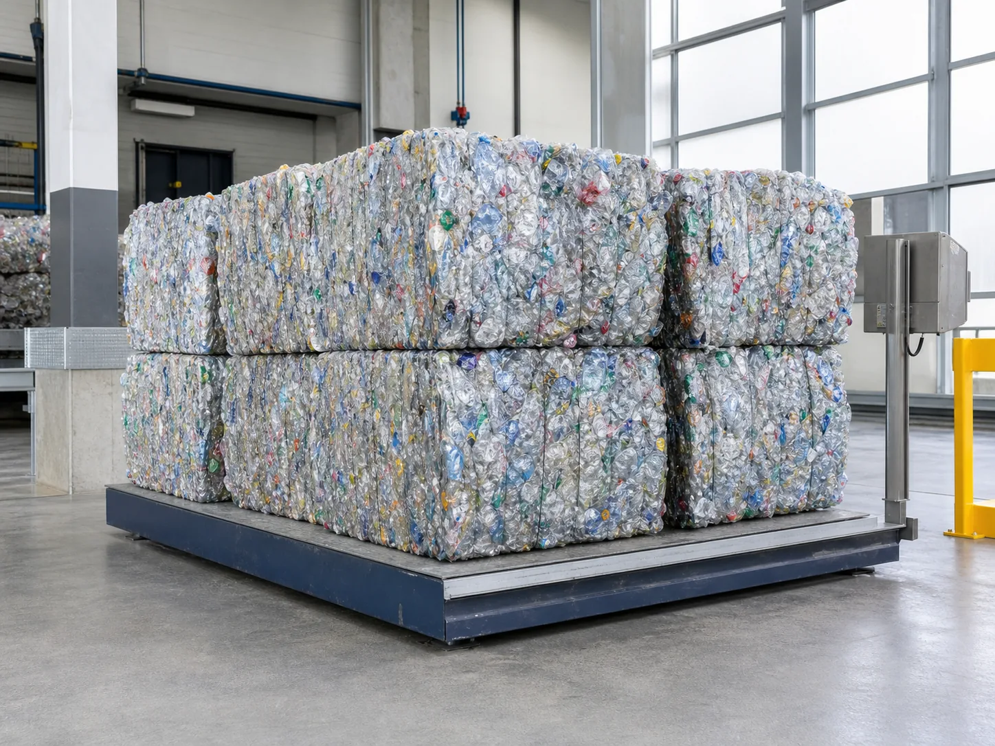 Neatly compressed plastic waste bales being measured on an industrial weighing platform