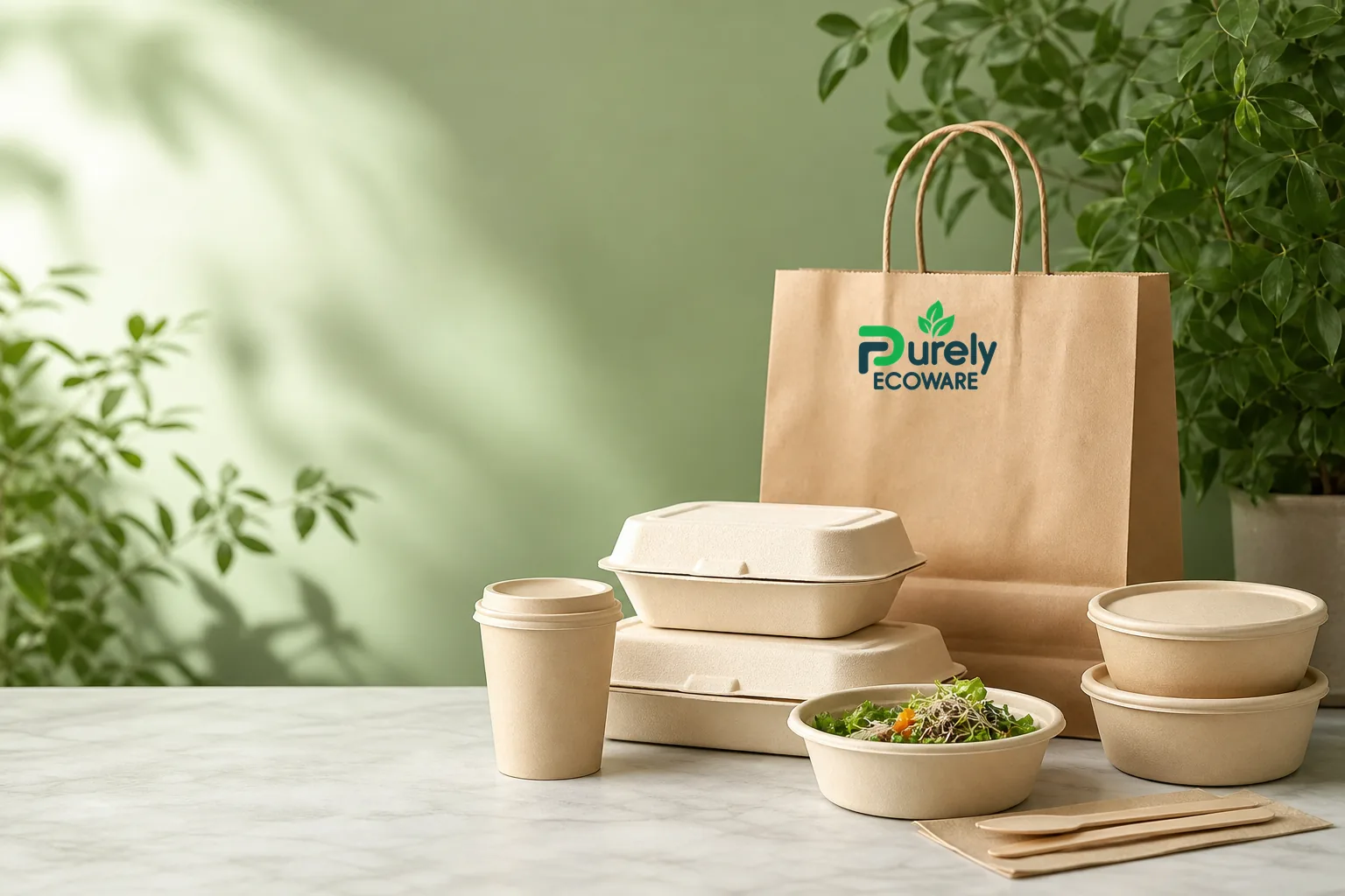 Purely Ecoware compostable tableware and paper carry bag with brand logo on a marble table