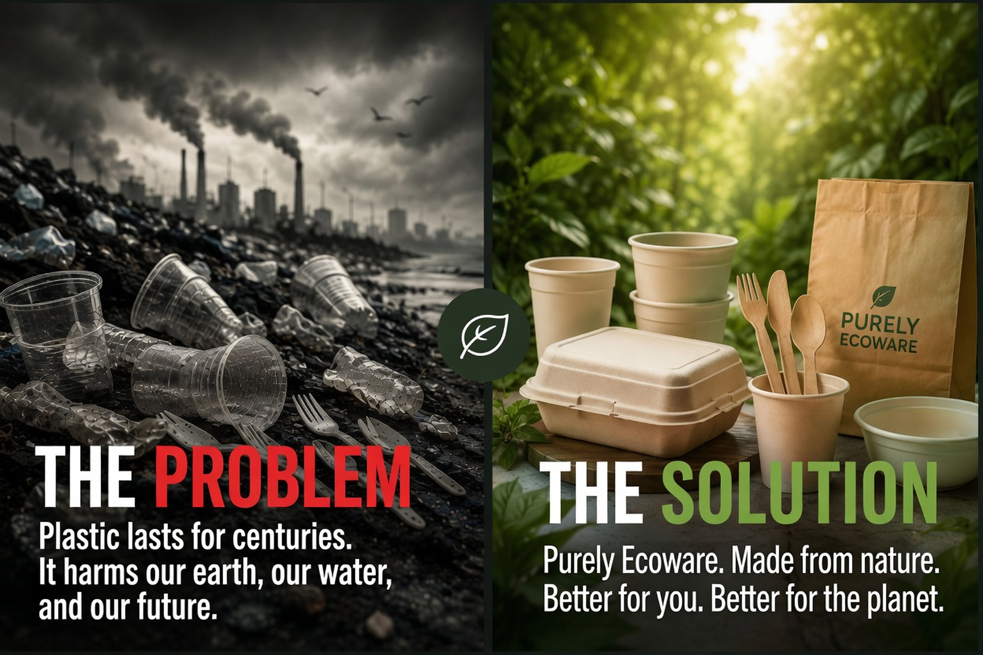 Our Mission banner visual showing the environmental harm of plastic alongside Eco-Friendly Purely Ecoware alternatives