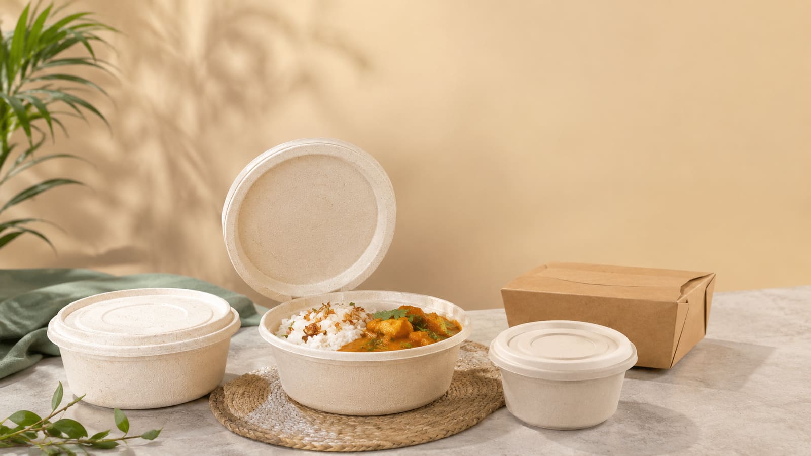Bagasse food containers with an Indian meal and a paper food box
