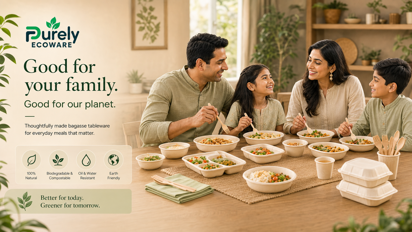 Happy Indian family enjoying a meal with Purely Ecoware bagasse tableware